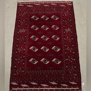 Persian Hand-Knotted Red Geometric Torkaman Wool & Silk Rug